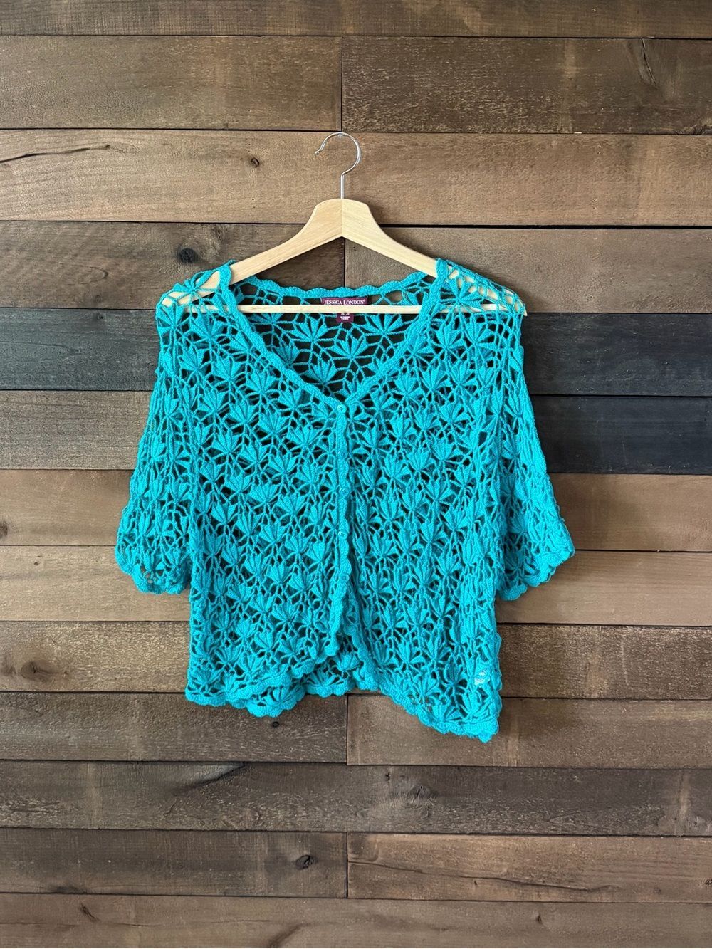 Y2K Jessica London Turquoise Crochet Cardigan Plus Size Boho Beach Cover Up
